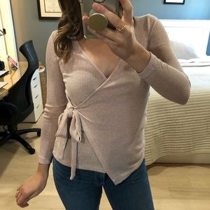 Bobeau Long Sleeve Pale Pink Knit Faux Wrap Asymmetric Hem Top S